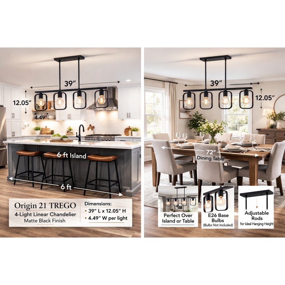 Origin 21 TREGO ELW70200L2-MB 4-Light Linear Chandelier 39" Matte Black